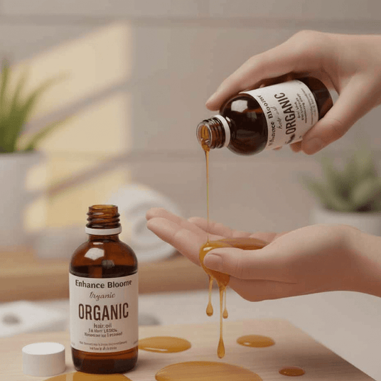 Hand pouring Enhance Bloome organic hair oil from a black dropper bottle onto an open palm above an amber glass bottle labeled 'Enhance Bloome Organic' with spilled oil droplets on a white surface