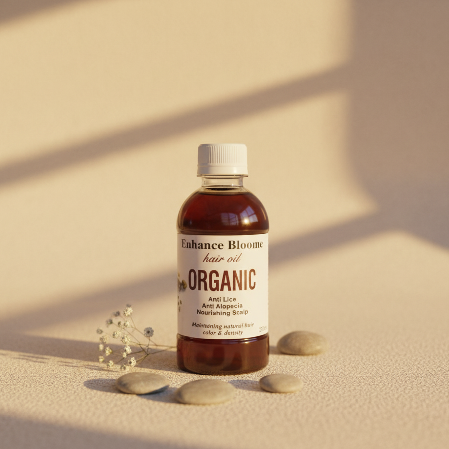 Enhance Bloome Organic Hair oil bottle for natural hair care with organic ingredients