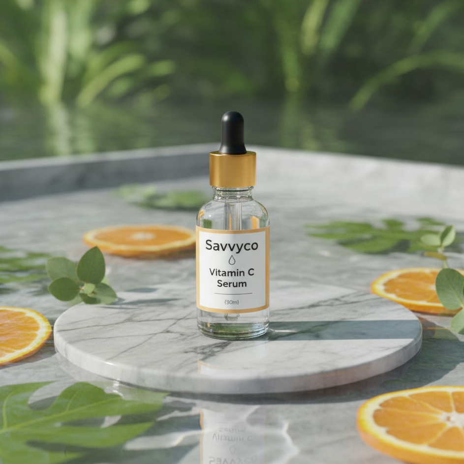 Savvyco Vitamin C Serum bottle on a marble tray with oranges and leaves in the background
