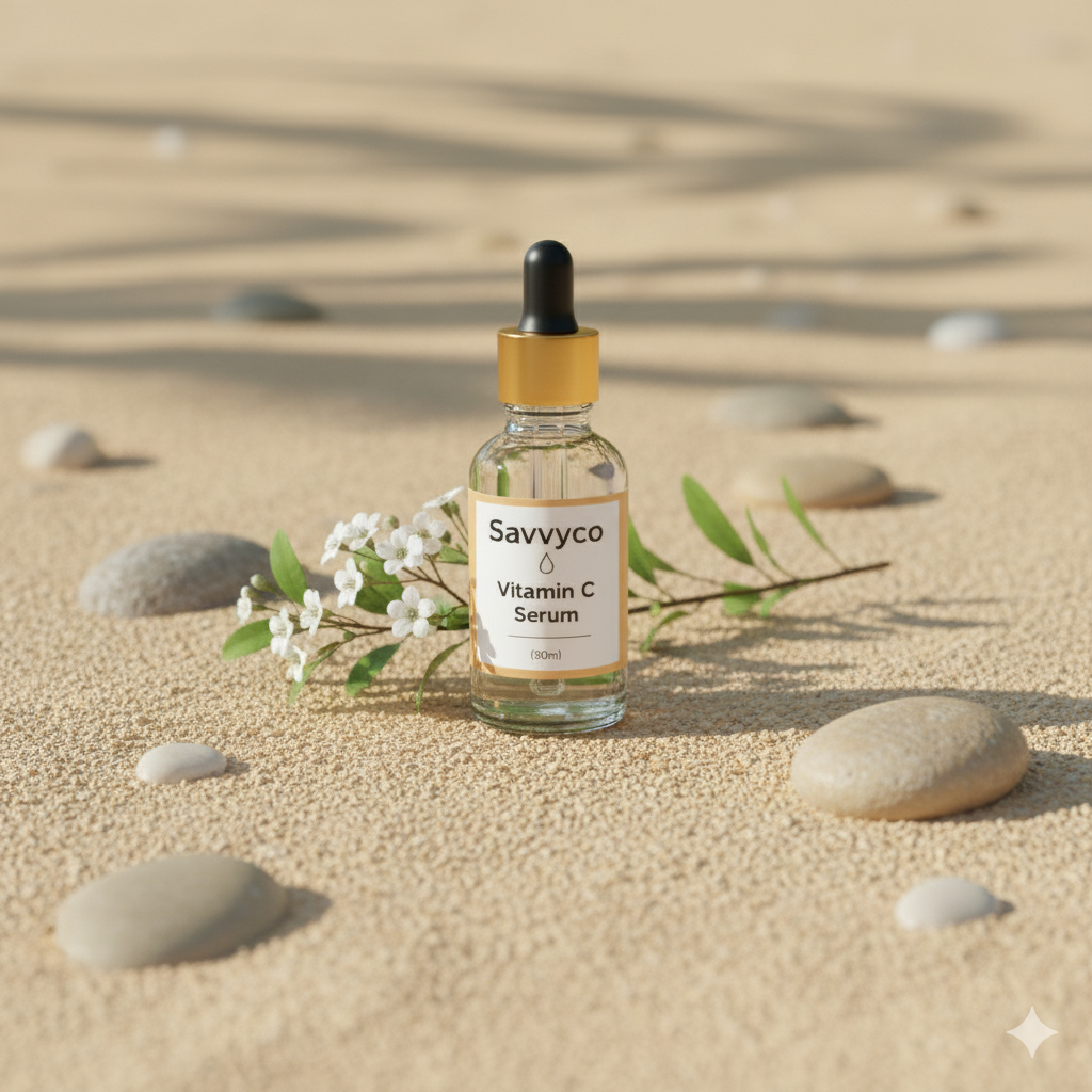 Savvyco Vitamin C Serum bottle on a sandy background