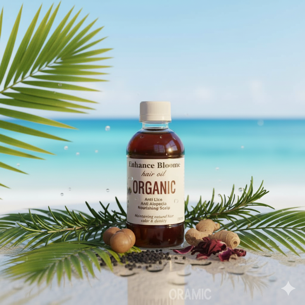 Enhance Bloome Organic Hair oil on a tropical beach - nourish hair with natural ingredients 