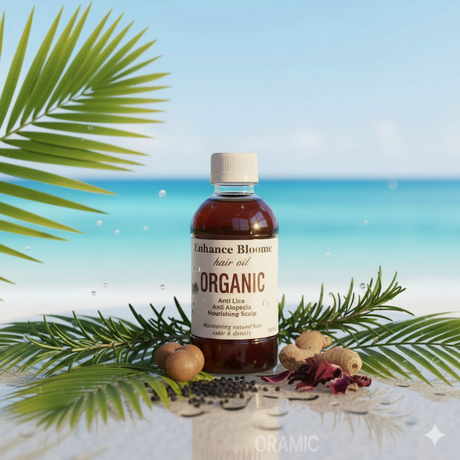 Enhance Bloome Organic Hair oil on a tropical beach - nourish hair with natural ingredients 