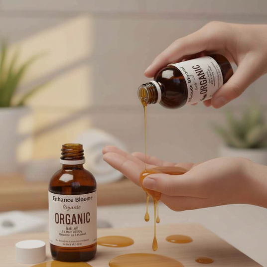 Hand pouring Enhance Bloome organic hair oil from a black dropper bottle onto an open palm above an amber glass bottle labeled 'Enhance Bloome Organic' with spilled oil droplets on a  white surface