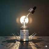 A 30ml bottle of Savvyco Anti Acne Serum with a dropper in a water splash with a light source