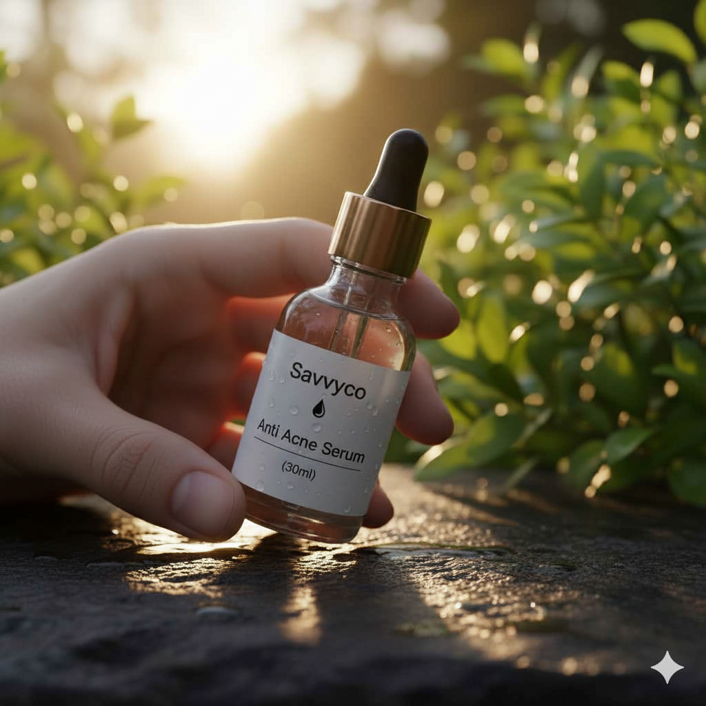 A hand holds a 30ml bottle of Savvyco Anti Acne Serum outdoors among green leaves in the sunlight