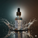 A 30ml bottle of Savvyco Anti Acne Serum centered in a dynamic water splash
